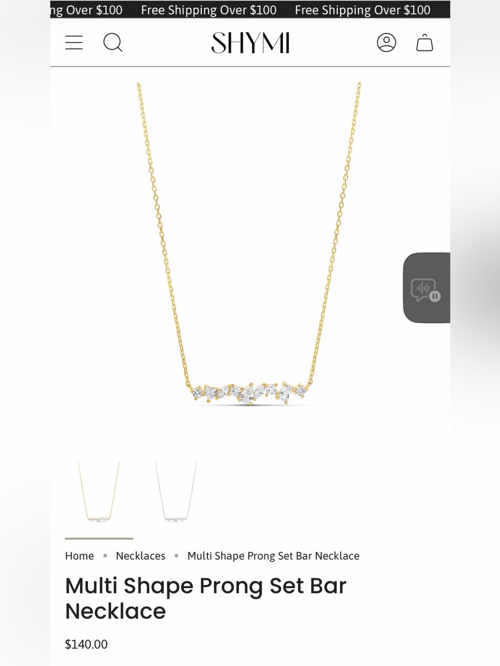 14k Gold over Sterling Silver Multi-Shape Prong Bar Necklace with Clear Stones